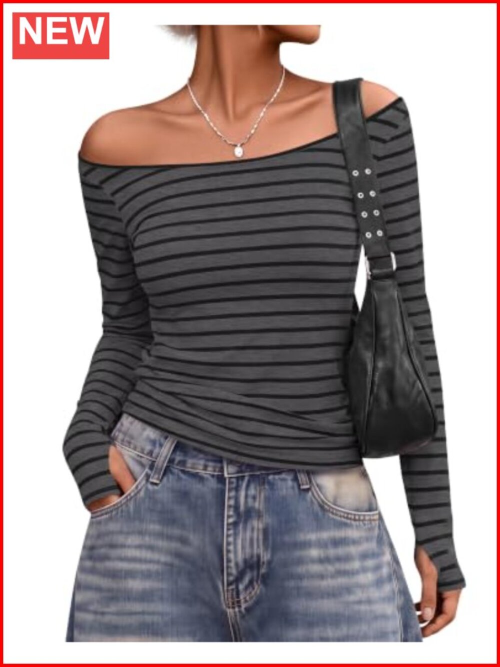 Off Shoulder Striped Slim Fit Long Sleeve Top Y2K Going Out Thumbhole